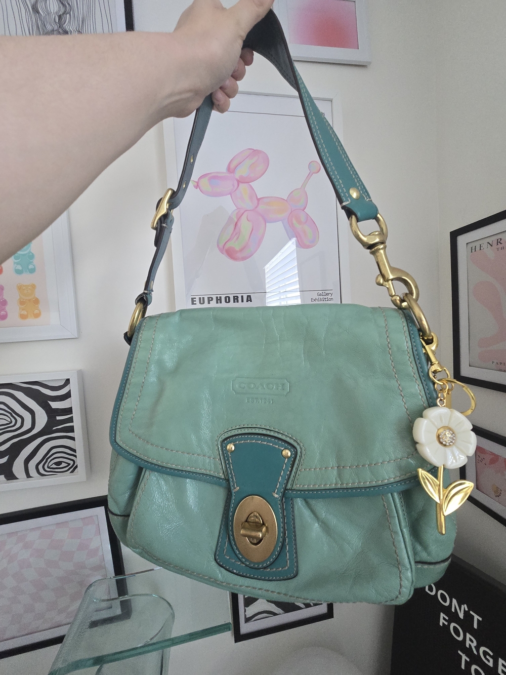 Coach Vintage Ali Legacy Blue Green Leather Turnlock Shoulder Bag W/Charm RARE